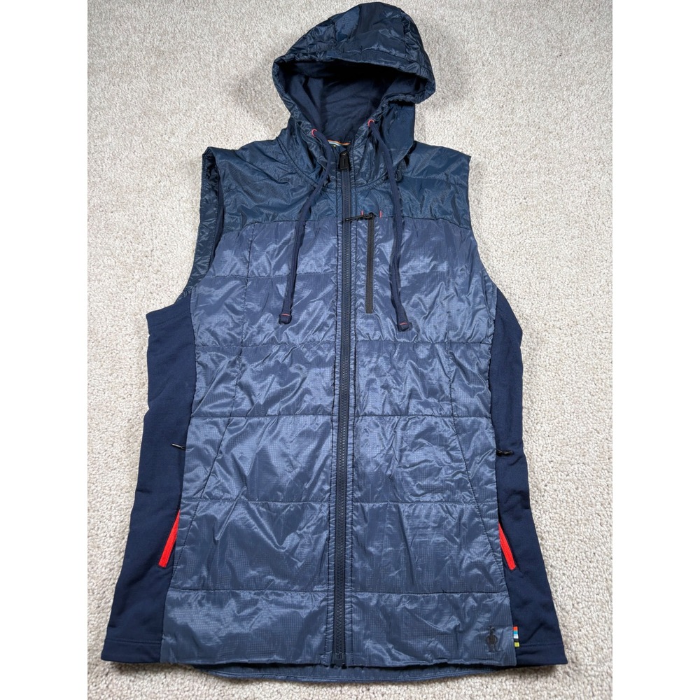 Smartwool Smartloft Hooded Vest Mens Large Navy Blue Quilted Merino Wool Blend